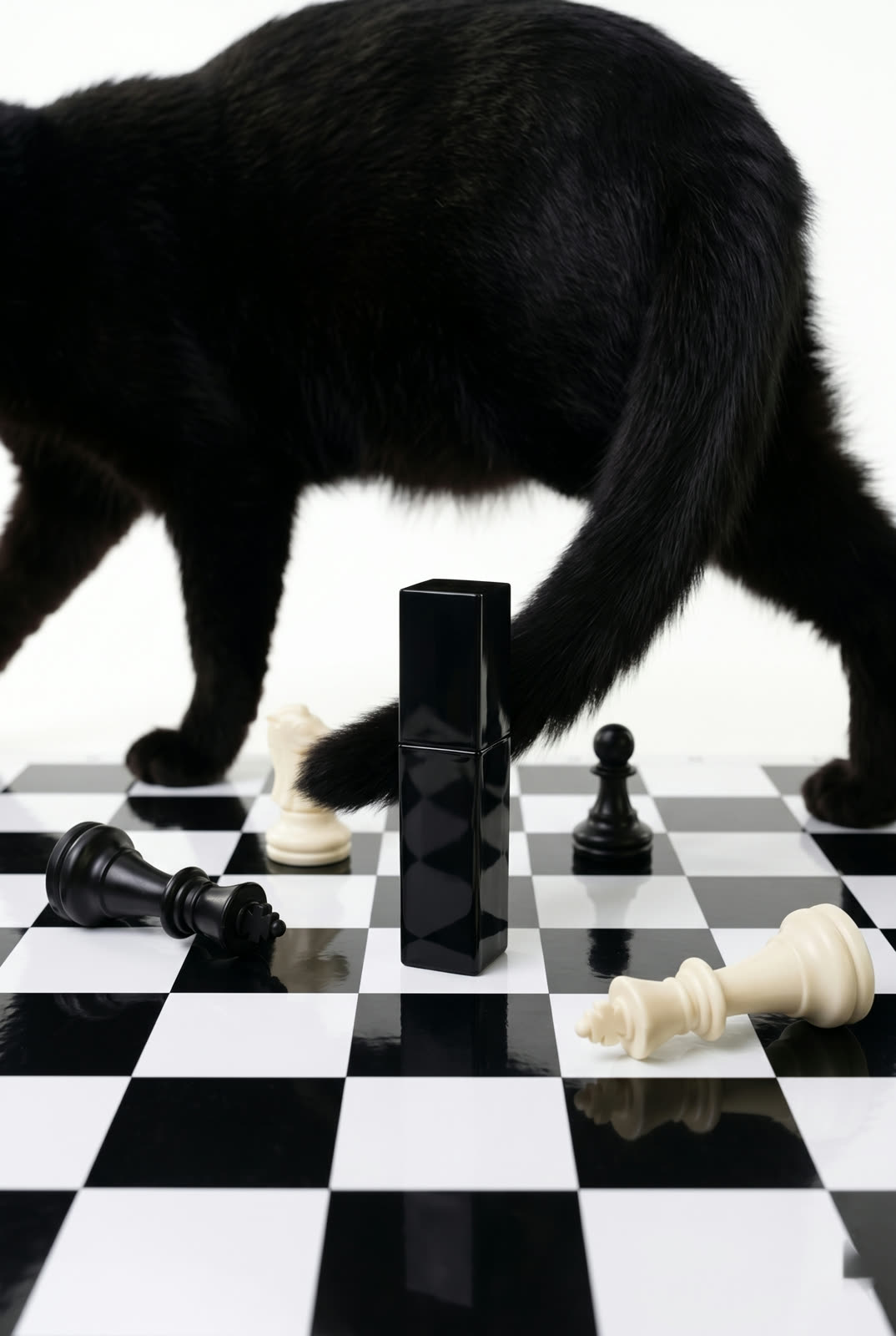 Gatto nero cammina su una scacchiera con pezzi rovesciati accanto a un flacone cosmetico nero