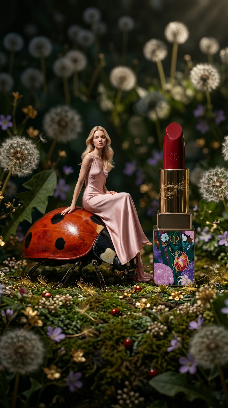 Modella in abito rosa seduta su una coccinella gigante accanto a un rossetto monumentale in un prato di soffioni