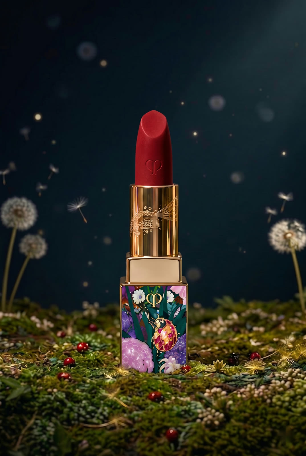 Still life notturno del rossetto rosso su prato di muschio con bacche e soffioni
