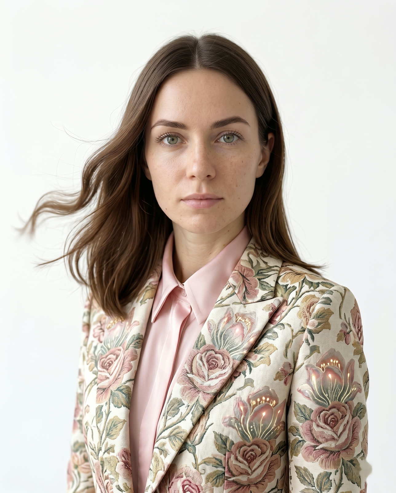 La modella in blazer di jacquard floreale su camicia rosa